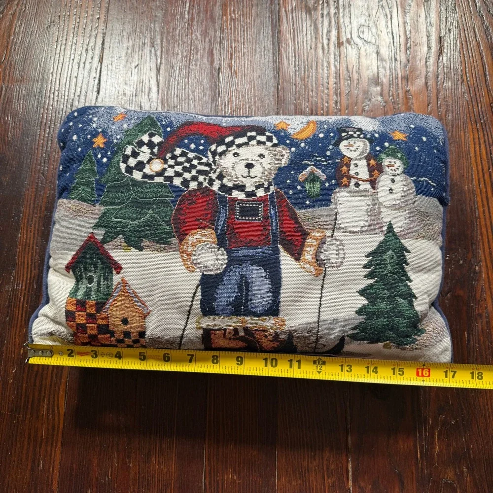 Vintage‎ Winter Skiing Teddy Bear Snowman Woven Tapestry Throw Pillow Navy 16x11